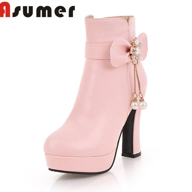 

ASUMER NEW 2020 crystal bowknot ankle boots for women fashion high heels boots round toe cute lively high quality pu1, Beige