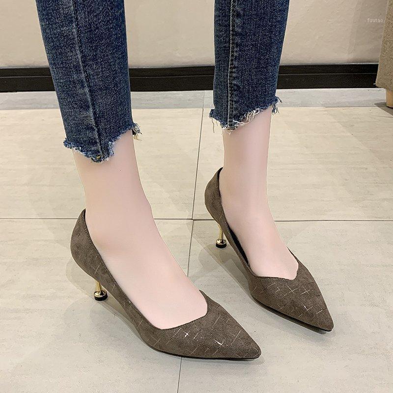 

Black Brown Suede Heels Women Pointed Toe Pumps Metal Heel Shoes Thin High Heels Women Office Shoes 2020 Heel1