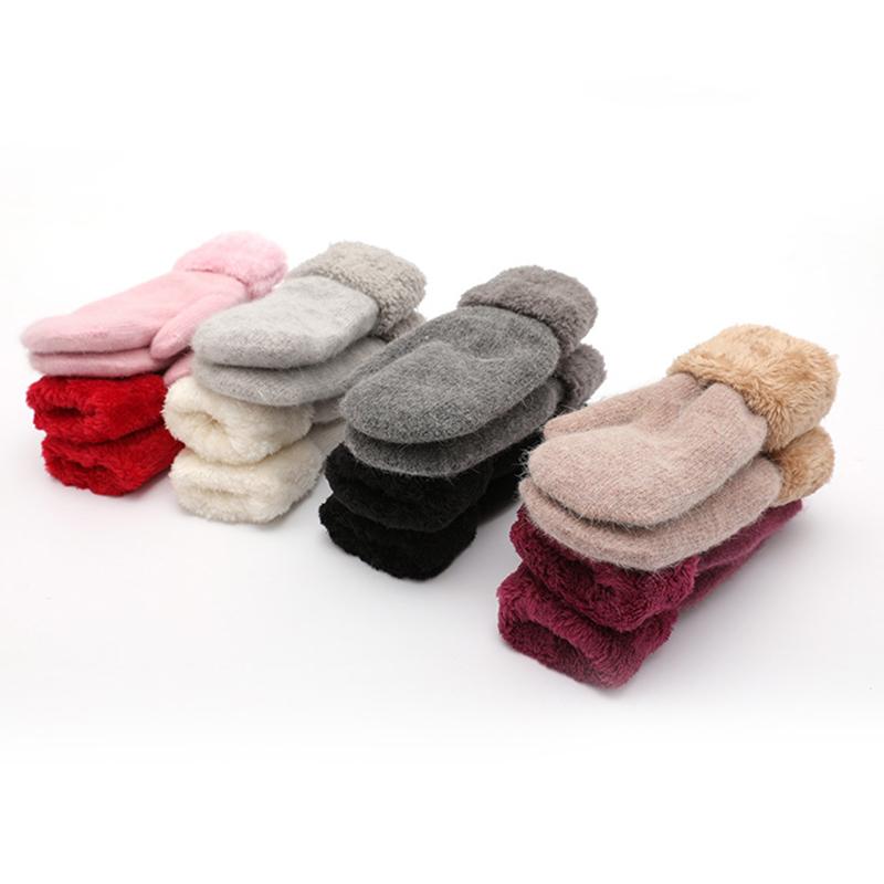 

2020 Winter Velvet Gloves Women Soft Wool Double-layer Knitting Warm Mittens Girls Solid Color All Fingers Cashmere Gloves