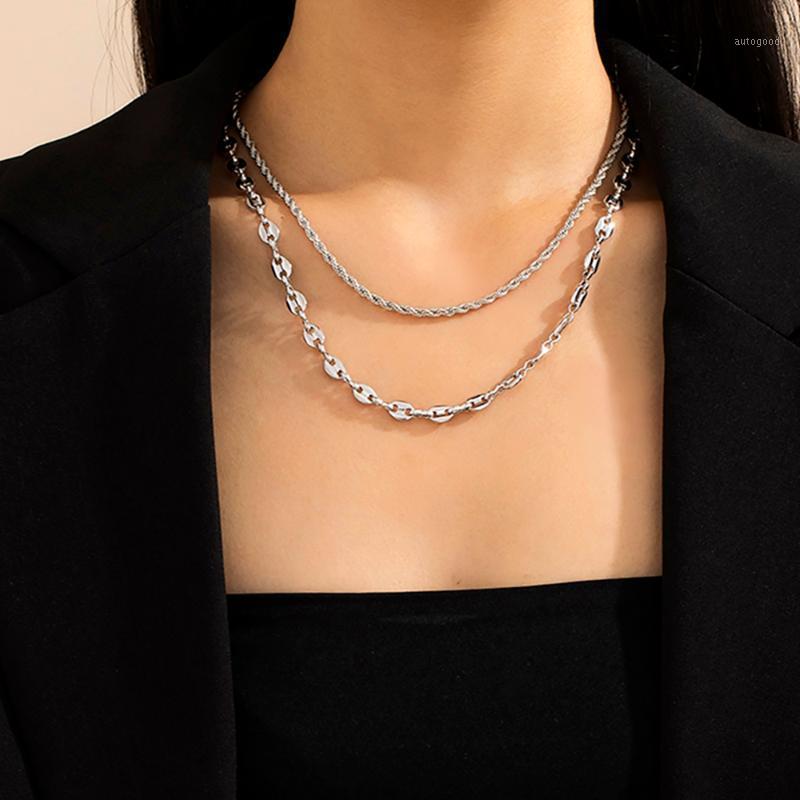 

Chokers Lacteo Steampunk Gold Color Pig Nose Clavicle Chain Choker Necklace For Women Hip Hop Double Layer Twist Charm Necklace1