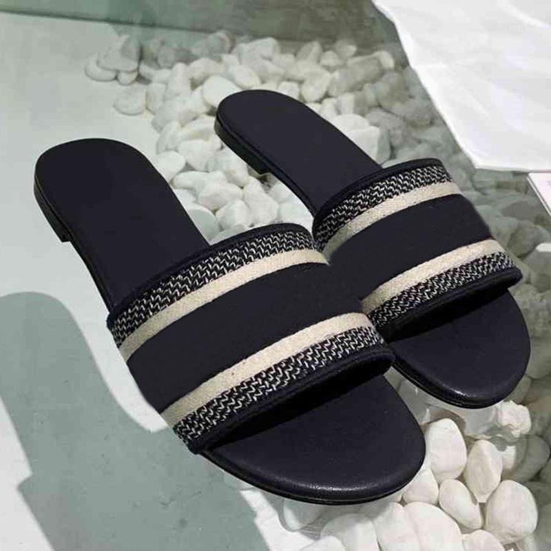 

Open Toe Fabric Slippers Slip On Flat Fashion Mules Summer Letter Slides Black Women Casual Shoes Sandals1