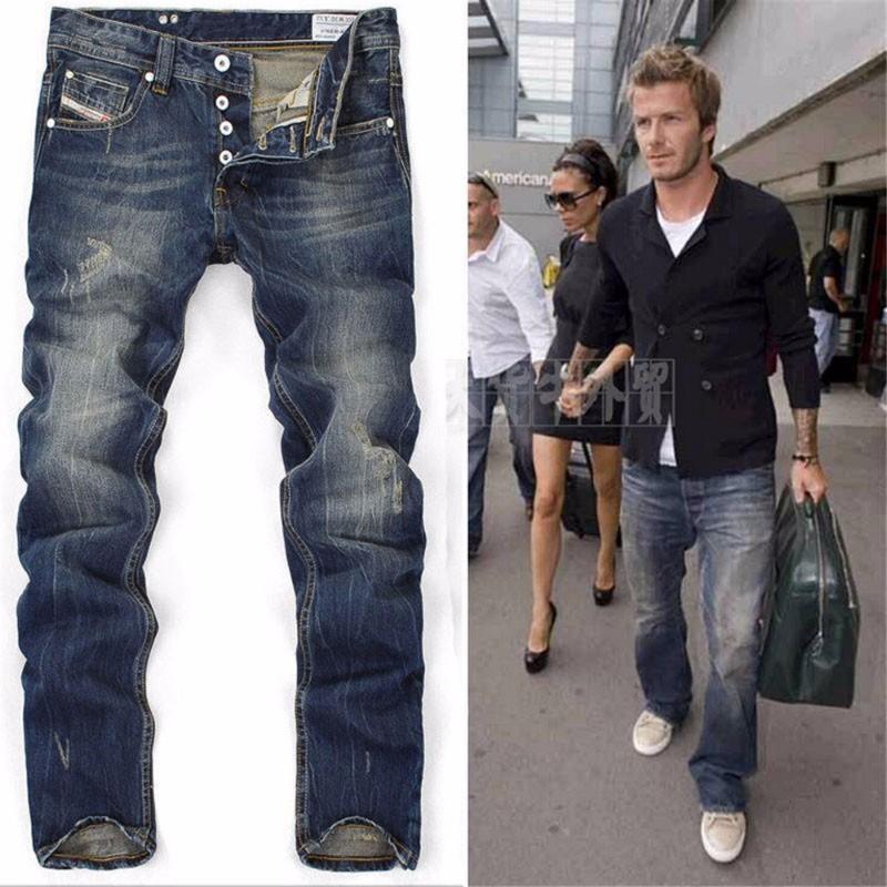 

Retro Trendy Men's Blue Jeans Distressed Frayed Straight Long Pants Male Casual Comfortable Cotton Ripped Regular Denim Trousers, Light blue