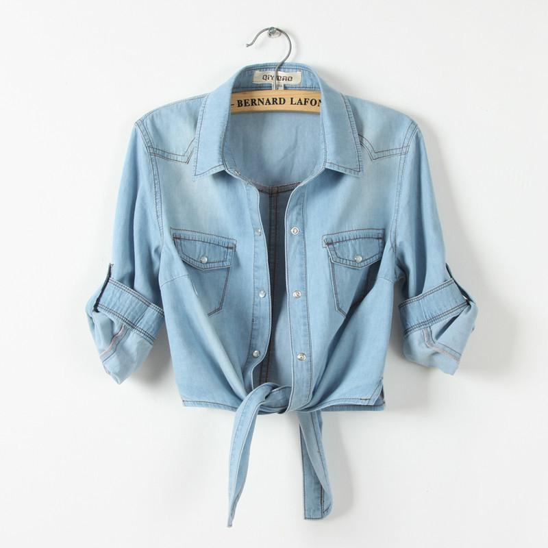 

Spring Autumn Long Sleeve Denim Korean Short Shirt Coats Womens Fashion Bandage Clothing Blue Jeans XXXL