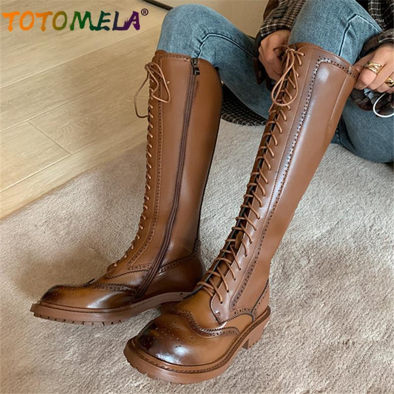 

TOTOMELA 2021 New Genuine Leather +pu Knee High Boots Women Vintage Casual Shoes Fashion Long Boots Woman Autumn Winter1, Brown not fur