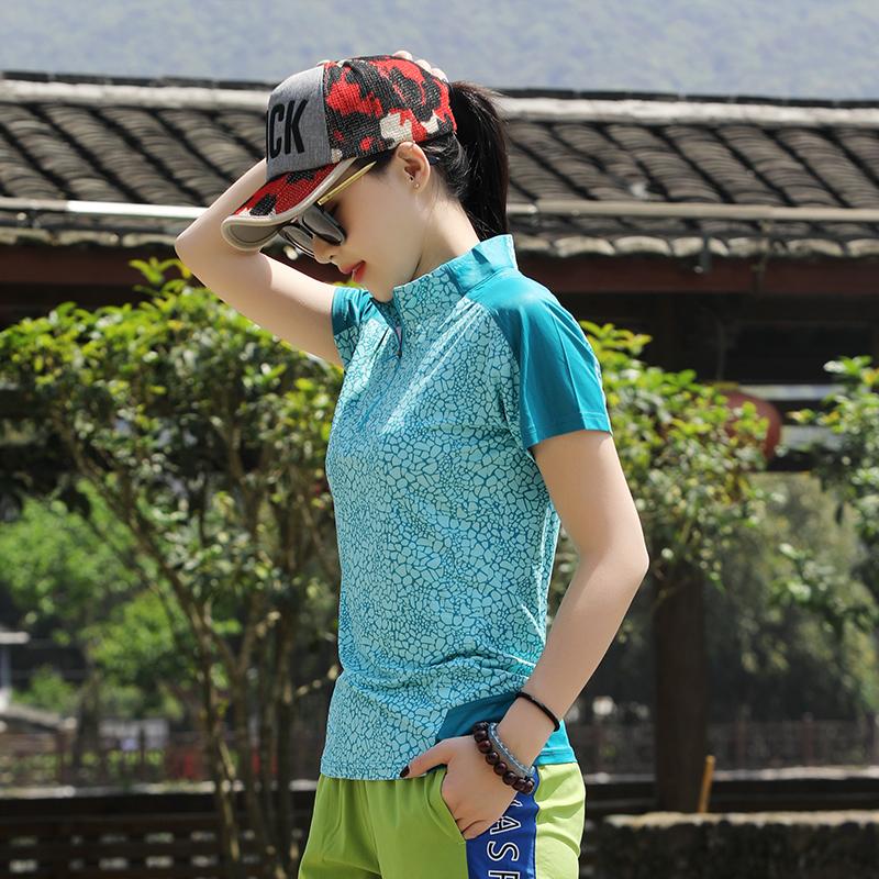 

Summer Women clothes Outdoor Short sleeve Sports Golf Hiking Running T shirt Breathable Elastic Quick dry Printing stand collar, Blue
