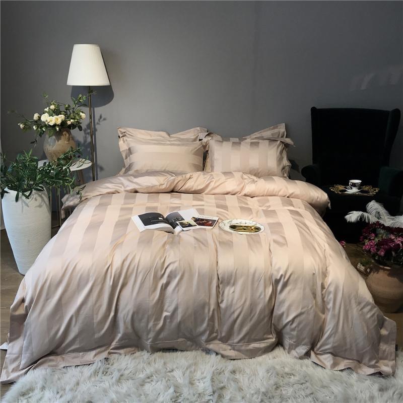

100% Egypt Cotton bedding set 4pcs percale 100S home duvet covers 10cm satin stripe tribute silk bed linen champagne queen, As pic