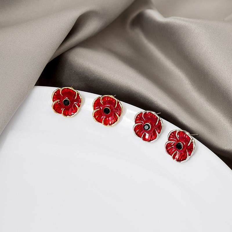 

Stud Cute Red Enamel Poppies Earrings For Women Mujer Gold Color Alloy Shiny Rhinestone Small Flower Statement Jewelry
