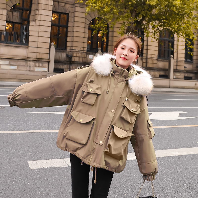 

2021 New Large Swath of Natural Skin with Hood Jacket Safari Style Thick Warm Snow Outwear White Down Parka HPJC, Khaki.