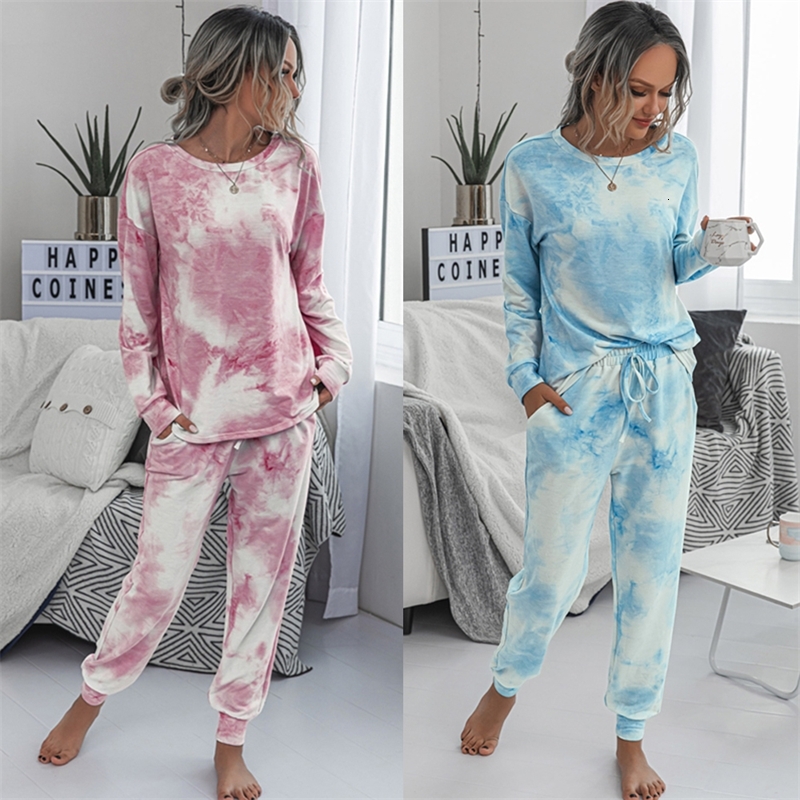 

2021 New Female Leisure Set Tie-dye White Print Shirt Long Sleeve Tops Long-dyed Tie Around Neck Top Rentals Up to Pants QV2Q, Tz-3056-gray white