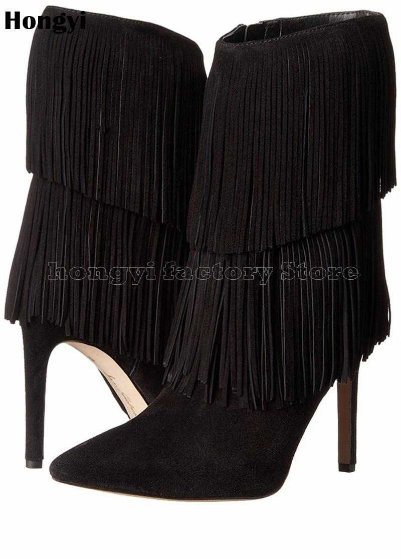 

Fashion Winer Black Faux Suede Leather Inside Zipper Tassel Fringe Thin High Heeled Boots Women Pointed Toe Short Boot, As showed color