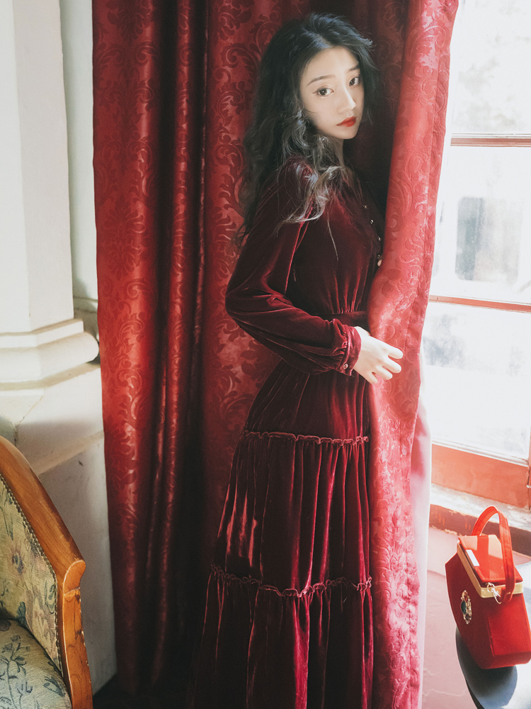 

New Autumn with v Cleavage Dress Feminine Burgundy Vintage Velvet Ankle-length Evening Gown Girly Long Sleeve Qibz, Blue