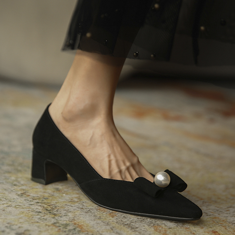 

2020 Elegant Fashions Suede Leather High Pumps Pearl Pary Women's Working Shoes Chl1, Black