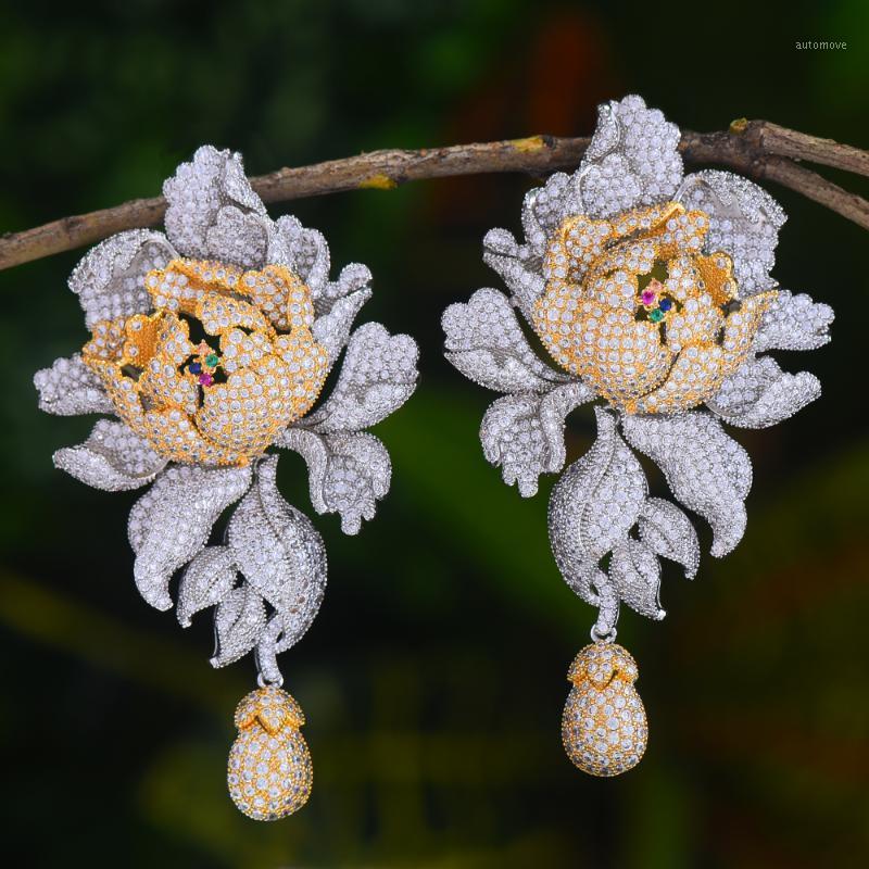 

GODK 76mm Luxury Peony Flower Blossom Cubic Zirconia Women Statement Long Drop Earring Wedding Party Bridal Fringed Jewelry Gift1