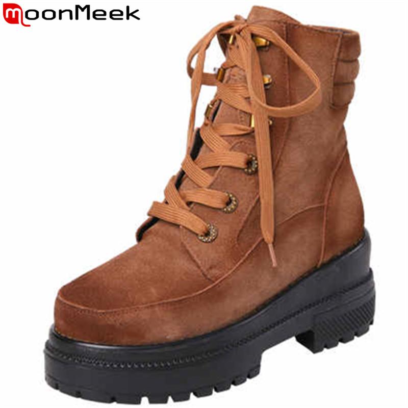 

MoonMeek fashion autumn winter boots women round toe lace up suede leather boots flat platform casual ladies ankle, Brown