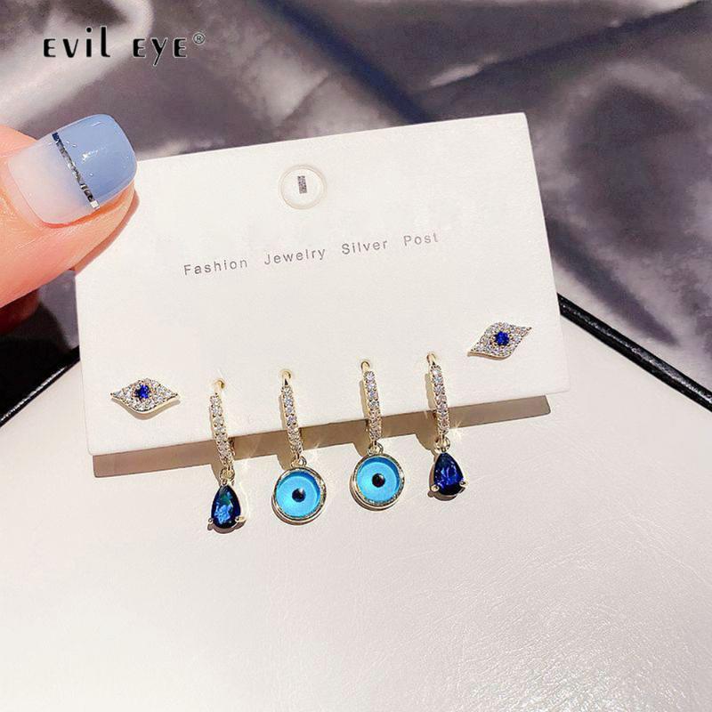 

Dangle & Chandelier EVIL EYE Blue Turkish Drop Earrings Set Silver Color Small Crystal Fashion Jewelry For Women Girls LE524