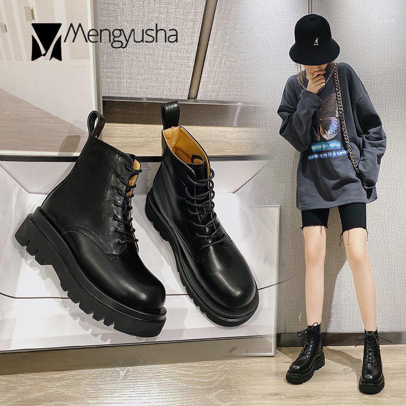 

Chunky heels platform boots women solid color short booties fashion pu leather shoes muffins lace-up motorcycle bottes femme20201, Black