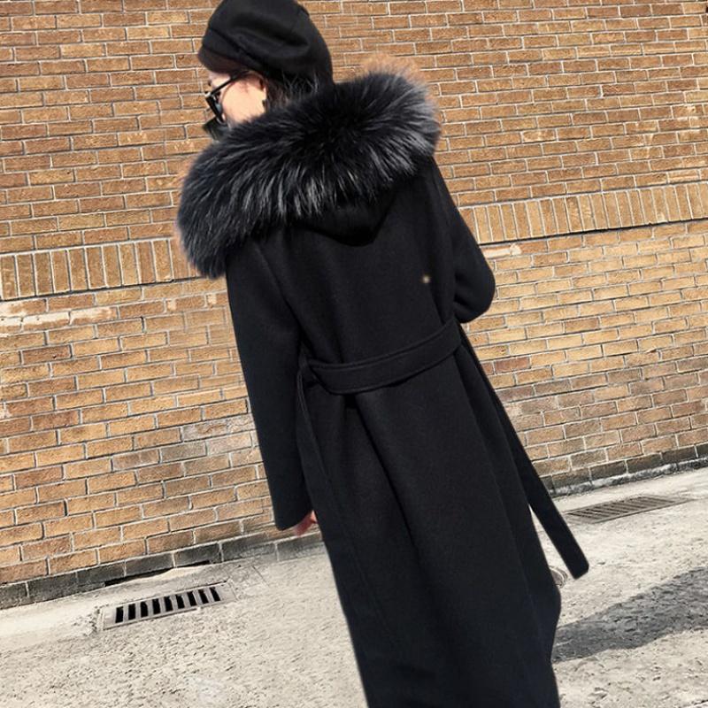 

Elegant Women Winter Sash Wool Blend Coat Female Casual Long Belt Woolen Jacket Detachable Fur collar Warm Wool Overcoat, Black
