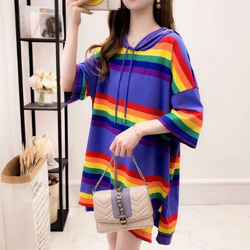 

Fashion Harajuku Pullover Tops Rainbow Striped T-Shirts Women Half Sleeve Hooded Long Tee Shirt, Yellow