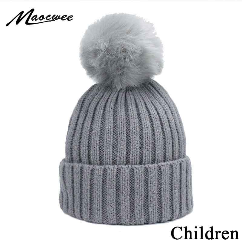 

Faux Fur Pompom Skullies Beanies Hat For Children Winter Warm Knitted Hat Girls And Boys Solid Color Elasticity Crochet Beanies