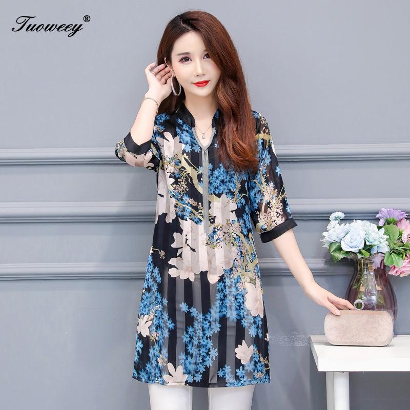 

2020 Autumn Summer Floral Loose Long Shirts Plus Size 4XL Women Elegant Korean Shirt Dress Party Half Sleeve Blouses, Blue