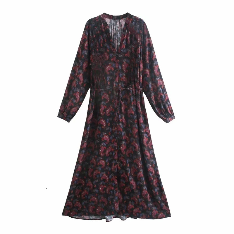 

New Vintage Black Printed Women 2021 Belt Tied Puff Long Sleeve Midi Dress Woman v Neck Gothic Casual Dresses Jv79