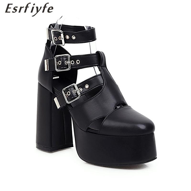 

ESRFIYFE New Ankle Strap Summer Fashion Women Sandals Square Toe Platform Shoes High Thick Heels Female Black Unique Party Shoes
