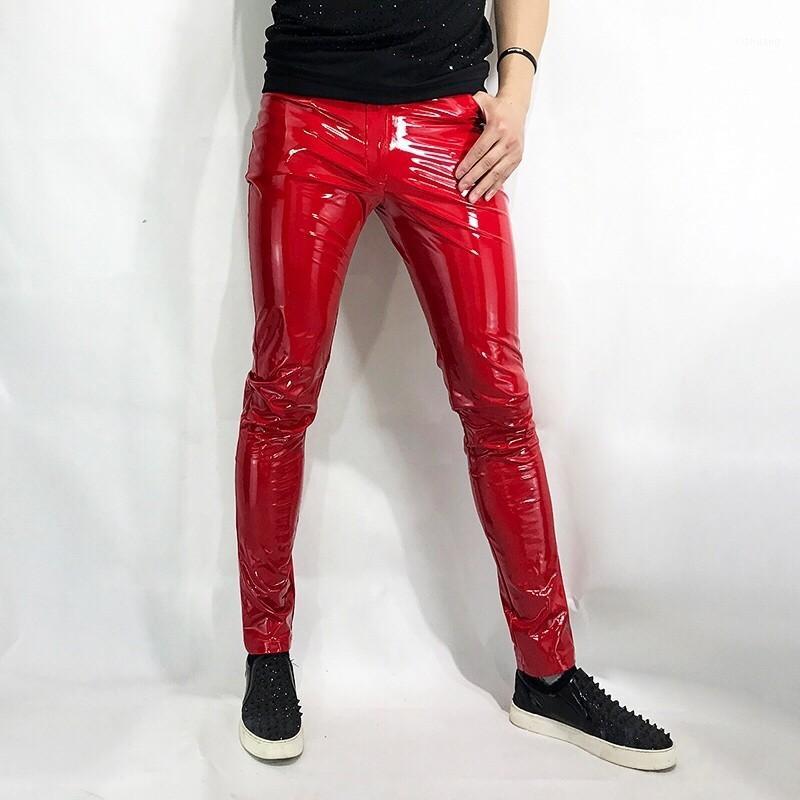 

Men's Pants Sexy Red Tight Stretch Mens PU Leather Gothic Fashion Full Length Nightclub Wear Male Pencil Plus Size1