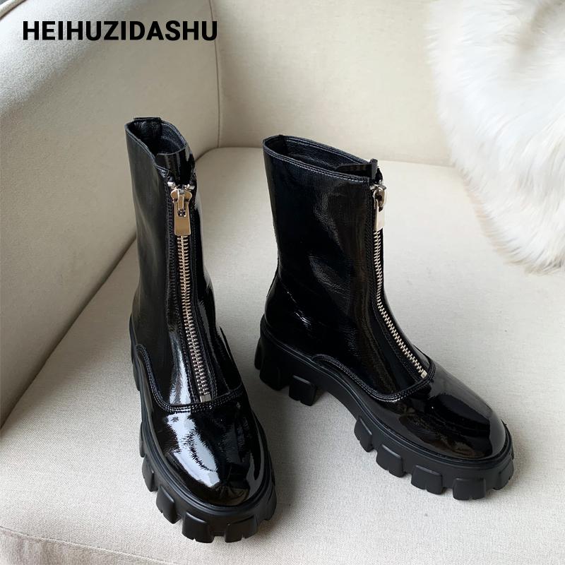 

Patent Leather Chunky Boots Women Front Zipper Ankle Boots For Women 2020 Autumn/Winter INS Chic Platform Shoes, Black patent-fur