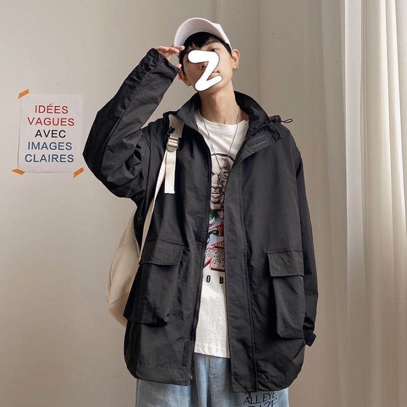 

2021 Casual Oversize Men's Cargo Jackets Korean Autumn New Woman Hooded Coats Fashion Streetwear Hip Hop Male Jacket E2qj, Black
