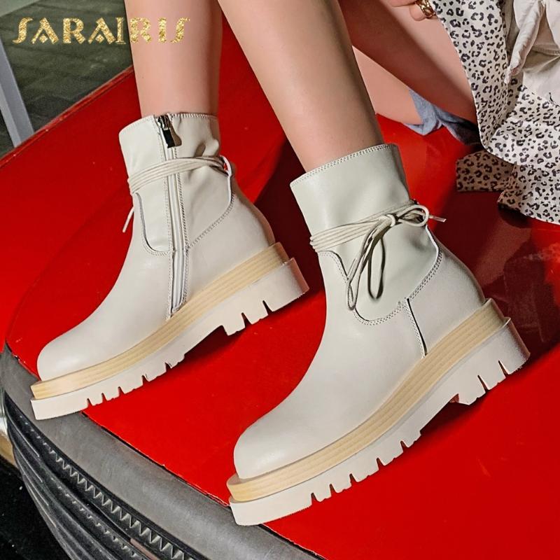 

Sarairis 2020 Fashion New Genuine Cow Leather Ankle Boots Women Shoes Platform Comfy Zipper Sweet Bowtie Concise Shoes Ladies, Beige