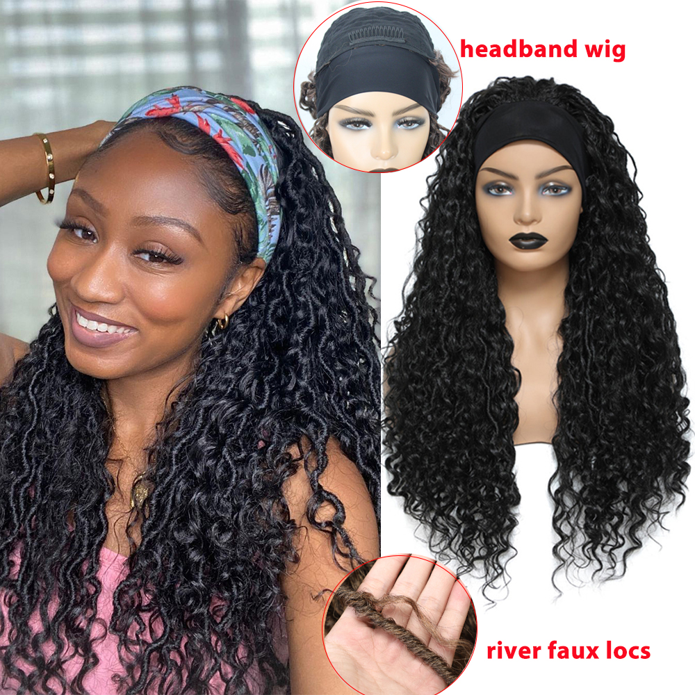 

Headband Wig Braided Wigs with Curly Faux Locs Crochet Braid Hair for Black Women Ombre 24 Inch Long Synthetic Braids Wig, 1b