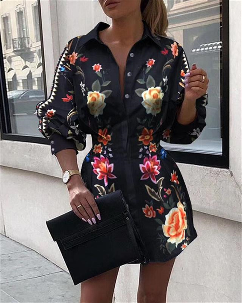 

Womens Floral Blouses Lapel Neck Shirts with Buttons Slim Waist Spring Summer Long Sleeve Fashion Clothing for Woman, Black