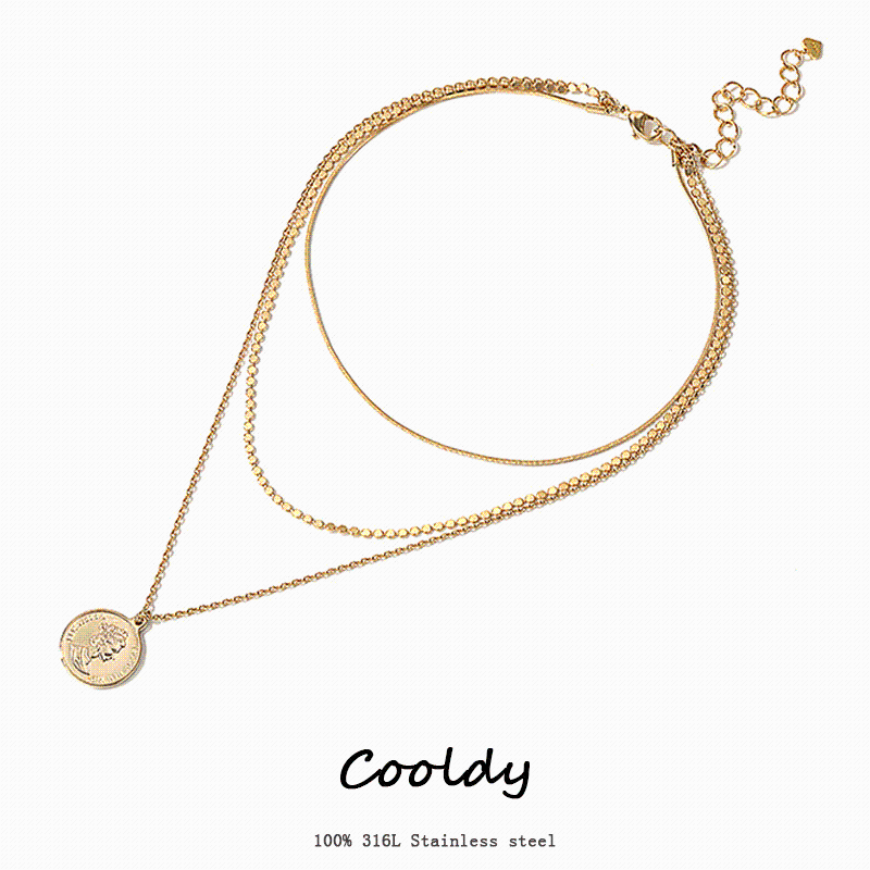 

Chains Gold Multilayer Necklace Long Moon Lock Pendant Necklaces Stainless Steel For Women Circle Coin Chain Jewelry, Silver