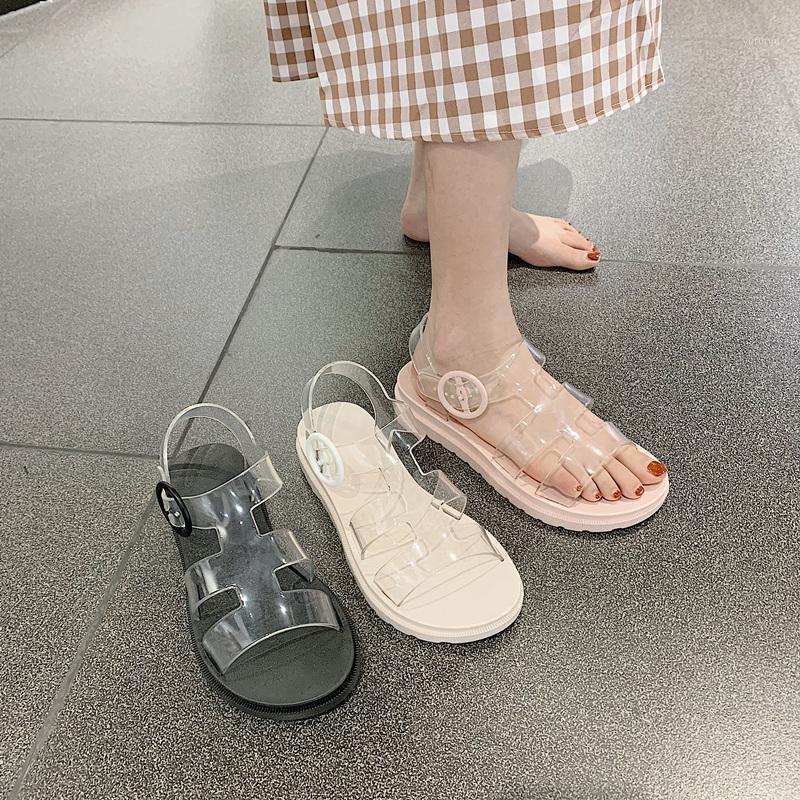 

2020 summer new fairy ins wind student casual transparent sandals female flat chic roman beach shoes jelly shoes1, Black