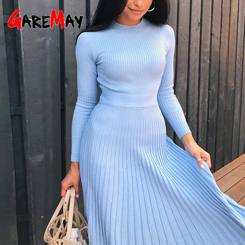 Solid Striped Knitted Dress Women Spring O Neck Long Sleeve Elegant Bodycon Dress Female Color Pleated Autumn Winter Sexy Dress 201125Z
