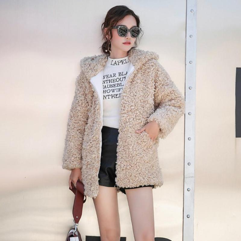 

3XL Winter womens jacket faux Fur hooded coat imitation lamb hair warm fur outwear long sleeve slim fashion overcoat L1612, Beige