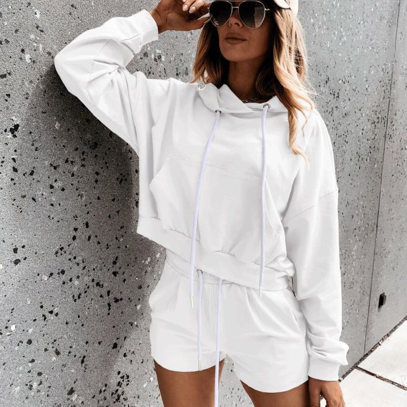 

Women Autumn Sportwear Long Sleeve Hoodie Pullover Pocket Tops + Shorts Pant Outfit Running Fitness Clothes Set Se6, White