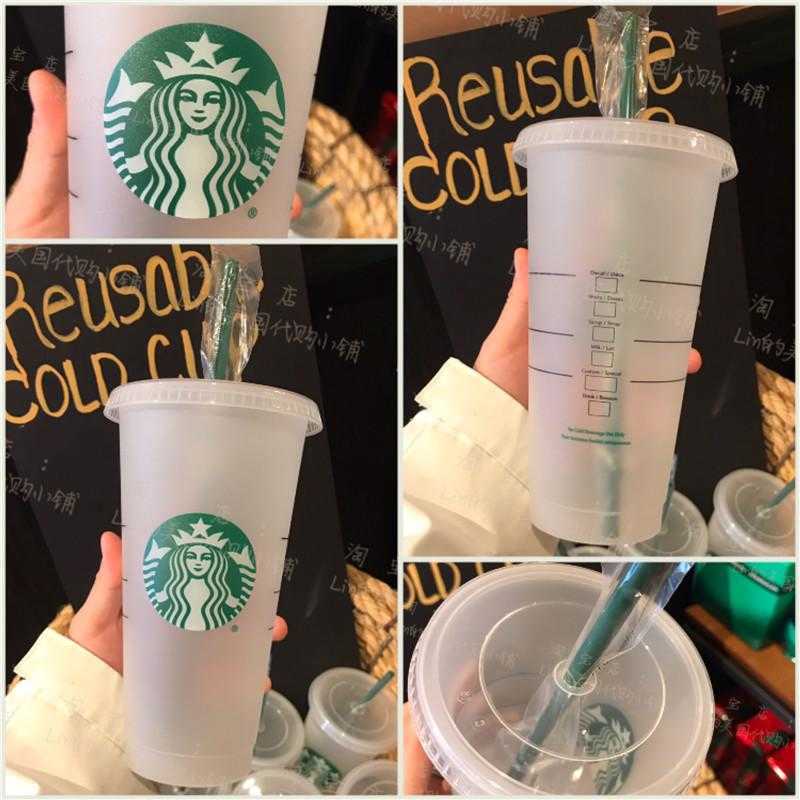 

Starbucks 24OZ/710ml Plastic Tumbler Reusable Clear Drinking Flat Bottom Cup Pillar Shape Lid Straw Mug Bardian Shipping4NX54NX5, Colorful