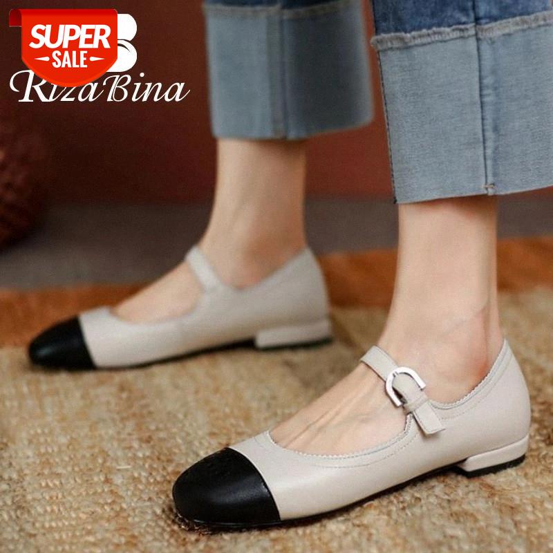 

RIZABINA Size 33-43 Women Flats Shoes Real Leather Mixed Color Spring Shoes Woman Buckle Strap Casual Daily Office Lady Footwear #FR2f, Beige