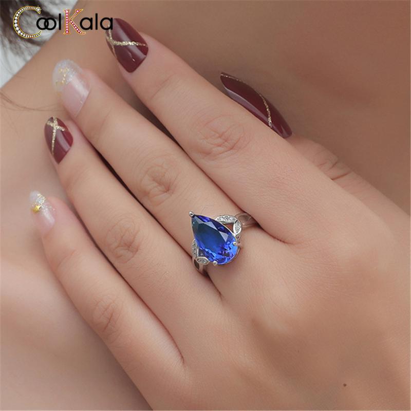 

Wedding Rings Coolkala Fashion Flower Leaf Water Drop Blue Color Open Ring