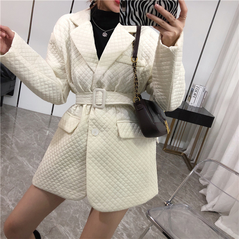 

2021 New Korean Style Women Oversized Winter Jacket Mid-length Chic Belt Thin Cotton Ladies'coat Elegant Single Autumn Parkas 2K3S, White