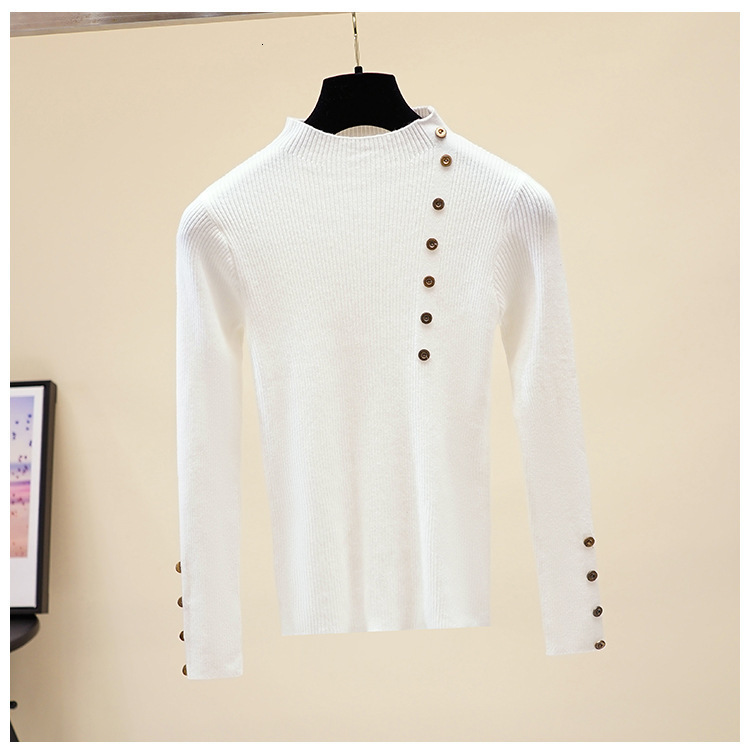 

2021 New Casual High-neck Basic Autumn Winter Sweater Women Solid Button Knit Pullovers Long Sleeve Soft Female Jumper Top 6de4, White
