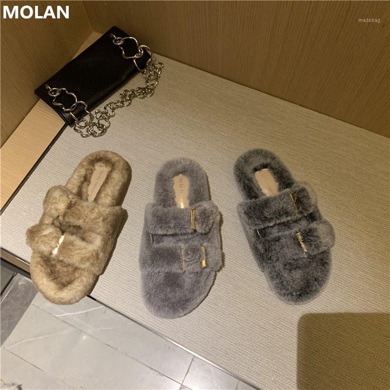 

MOLAN Brand Soft Real Hair Fur Slipper 2020 Winter Korean Fashion Design Flat Platform Thick Bottom Slides Loafers Mules1, Black