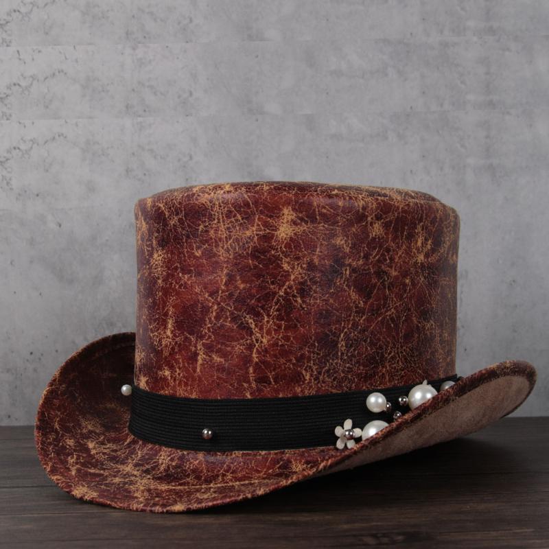 

2021 New Women Leather Top Hat Lday Fedora Hat Magic Flat Cosplay Pork Pie Party Jazz Caps, Gold