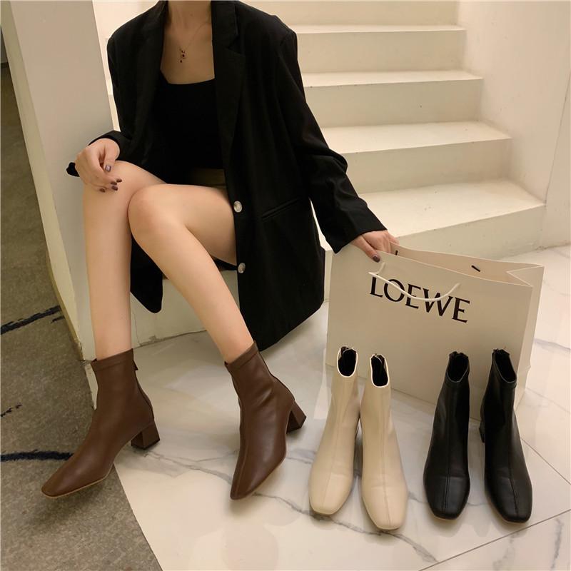 

GOOHOJIO 2020 New Mid Heel Solid Color Square Heel Women Boots Autumn All-match Zipper Boots Ladies Round Toe Ankle Women, Beige