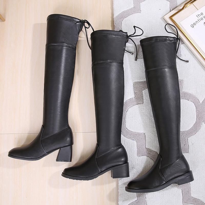 

Winter Boots Lady Women's Rubber Shoes Rain Sexy Thigh High Heels High Sexy Round Toe 2020 Mid Calf Leather Stiletto1