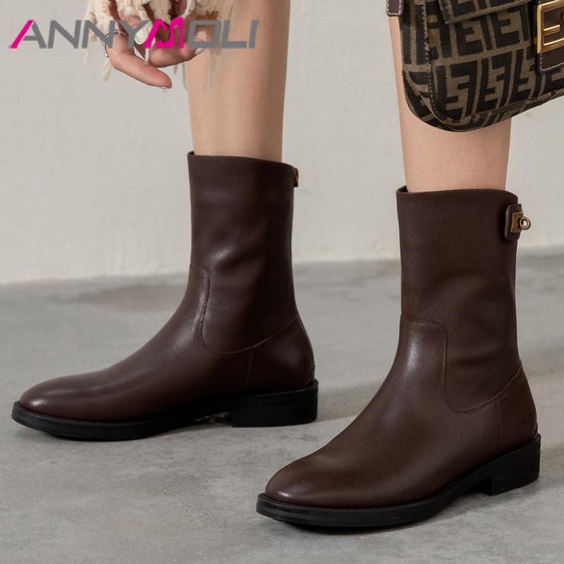 

ANNYMOLI Natural Genuine Leather Mid Heel Ladies Boots Mid Calf Boots Women Shoes Zipper Block Heels Buckle Ladies Brown, Black synthetic lin