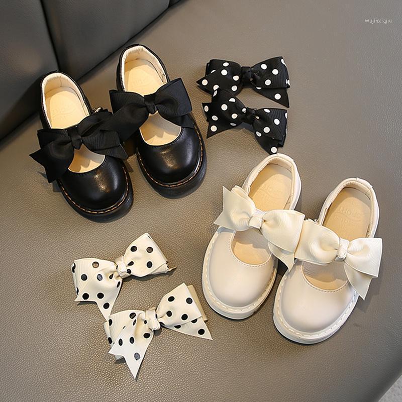 

2021 Spring New Style Girls Shoes Dot Bow Princess Shoes Black Platform Shallow Shoe For Kids May Janes Leather Slip on1, White