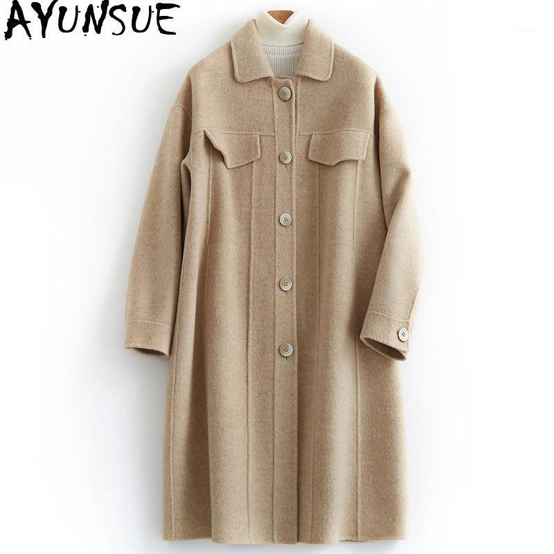 

AYUNSUE Real Wool Coat Female Alpaca Jacket 2020 Autumn Winter Jacket Women Double Side Woolen Coats Korean Long Jackets MY41281, Light camel