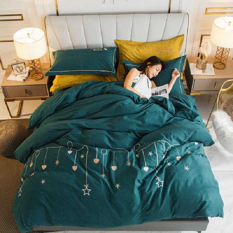 

4pcs Korean Style Pure Cotton Bed Set Duvet Cover Bed Sheet Pillowcases Solid Star Language Wish Solid Dark Green Pink Yellow